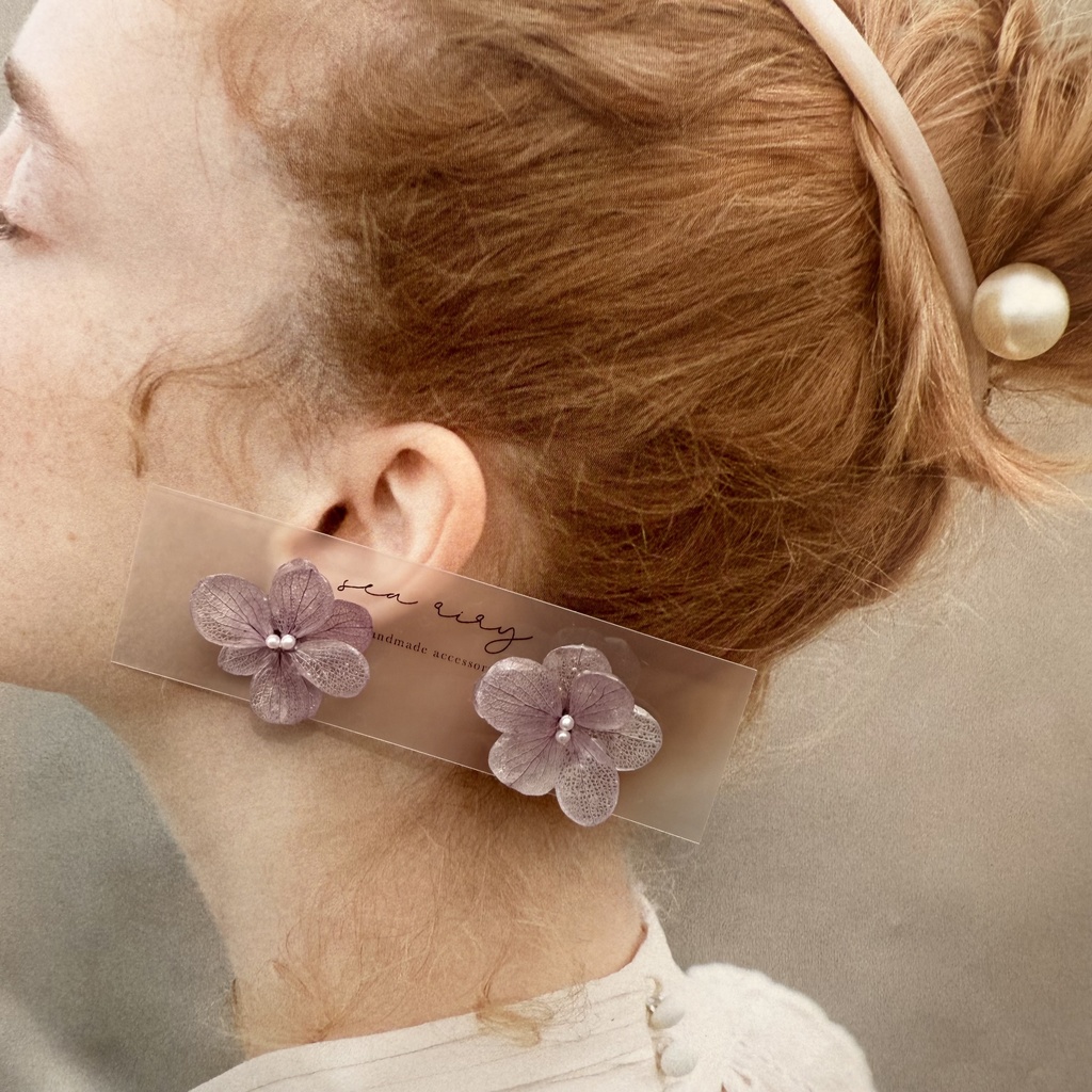 no.227くすみパープルの紫陽花ピアス 本物のお花 紫陽花 アジサイ 紫 パープル むらさき ステンレス ピアス