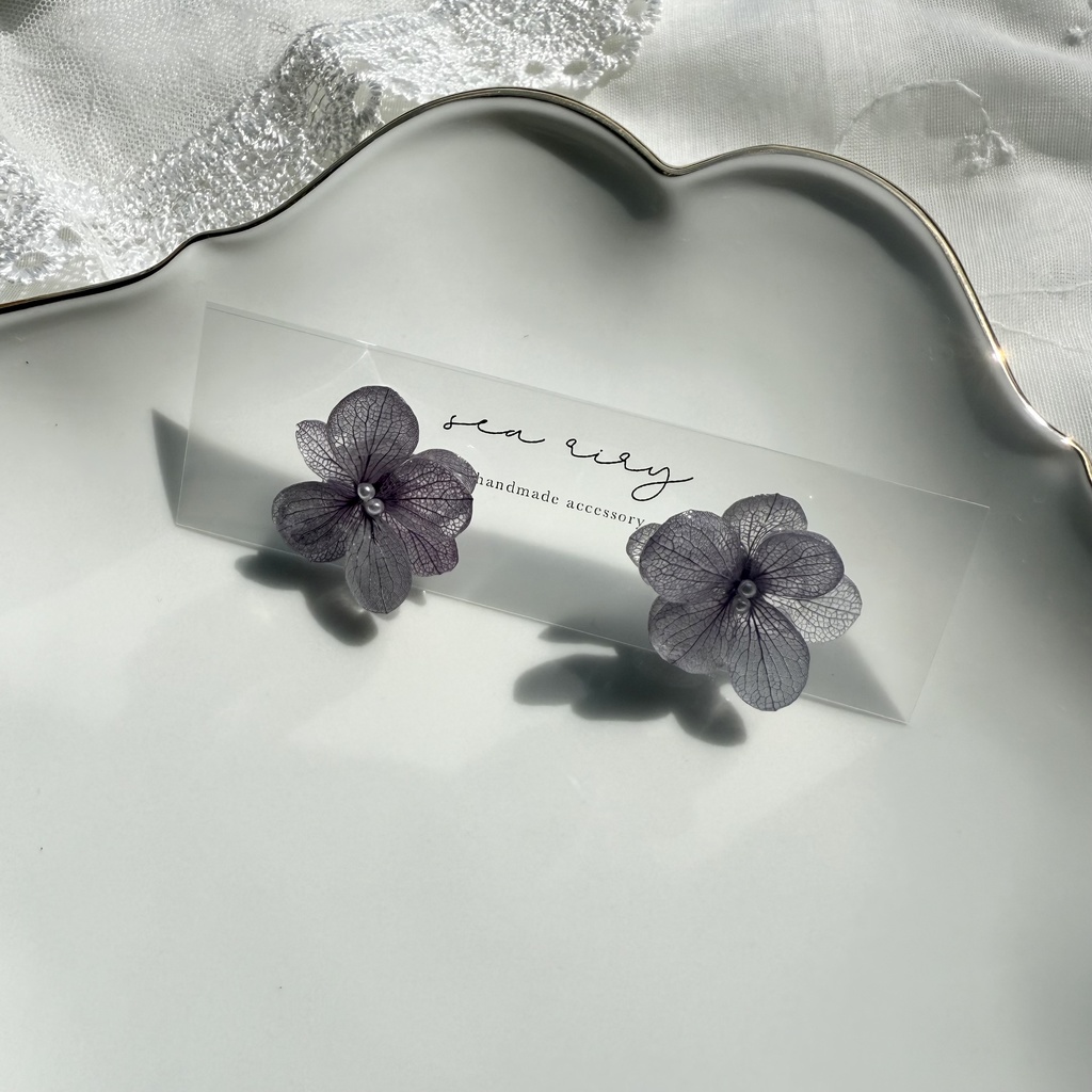 no.227くすみパープルの紫陽花ピアス 本物のお花 紫陽花 アジサイ 紫 パープル むらさき ステンレス ピアス