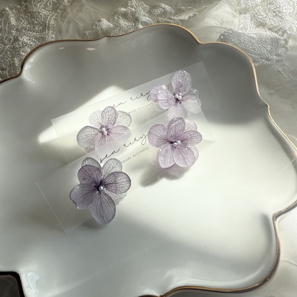 no.228 くすみパープルの紫陽花ピアス  本物のお花  紫陽花  アジサイ  紫  パープル  むらさき  ステンレス