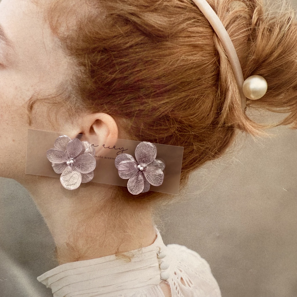 no.228 くすみパープルの紫陽花ピアス 本物のお花 紫陽花 アジサイ 紫 パープル むらさき ステンレス