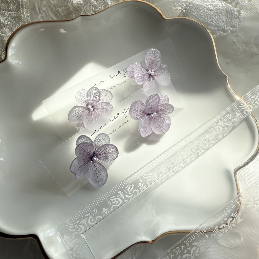 no.228 くすみパープルの紫陽花ピアス 本物のお花 紫陽花 アジサイ 紫 パープル むらさき ステンレス