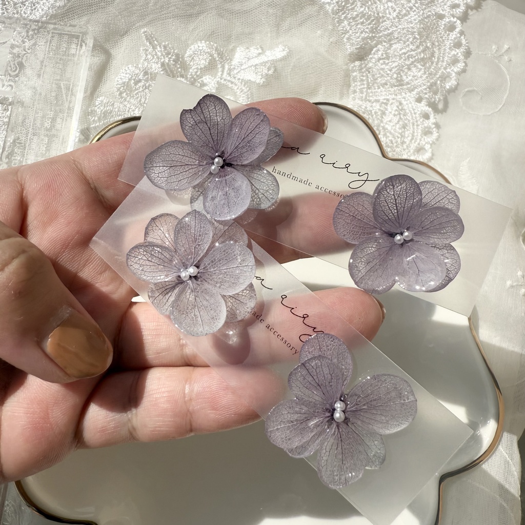 no.228 くすみパープルの紫陽花ピアス 本物のお花 紫陽花 アジサイ 紫 パープル むらさき ステンレス