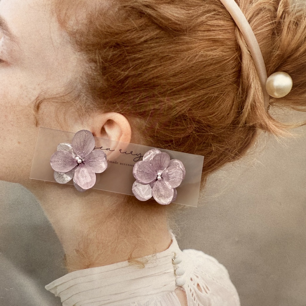 no.228 くすみパープルの紫陽花ピアス 本物のお花 紫陽花 アジサイ 紫 パープル むらさき ステンレス