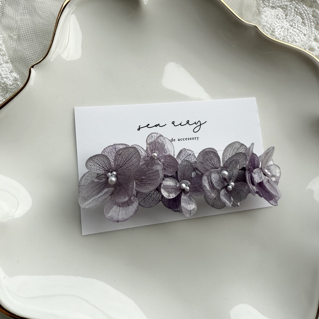 no.229 くすみパープルの紫陽花ヘアバレッタ 本物のお花 アジサイ パープル 紫 ヘアアクセサリー バレッタ