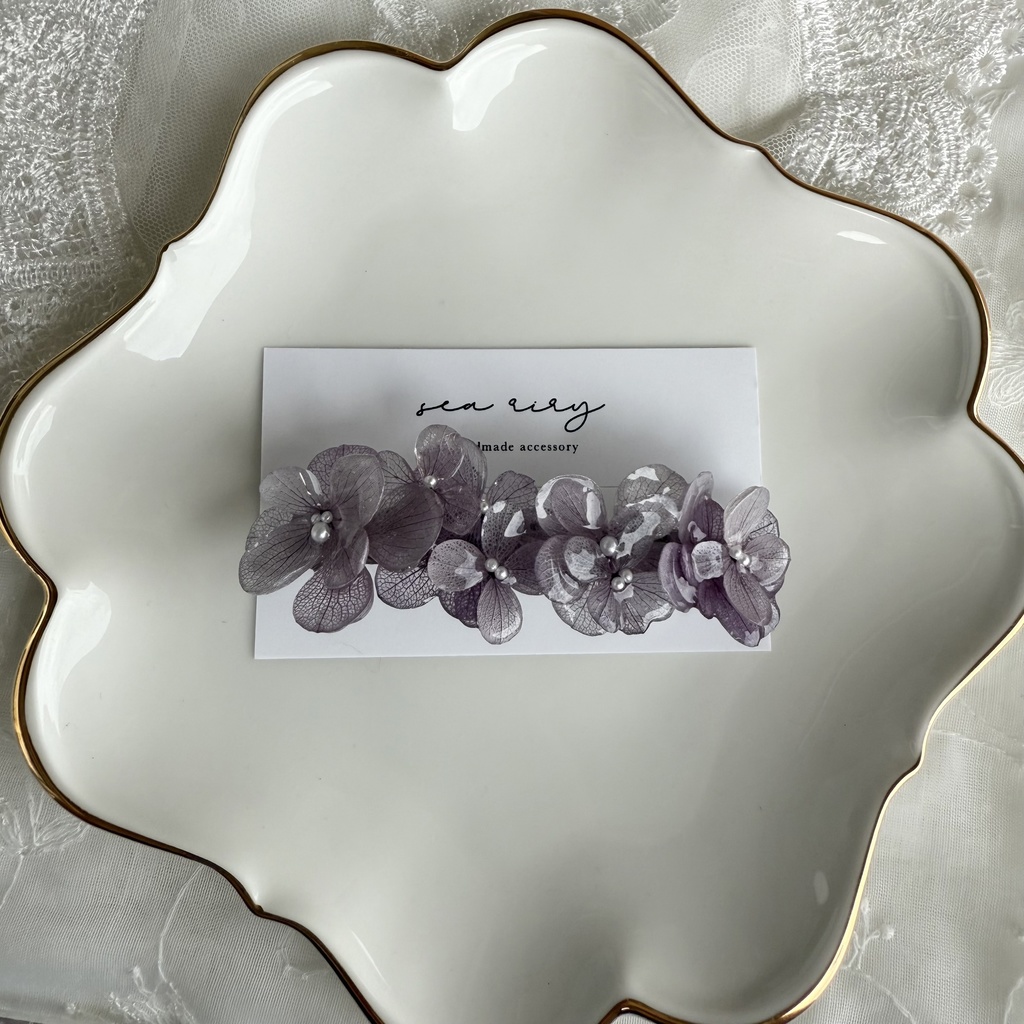 no.229 くすみパープルの紫陽花ヘアバレッタ 本物のお花 アジサイ パープル 紫 ヘアアクセサリー バレッタ