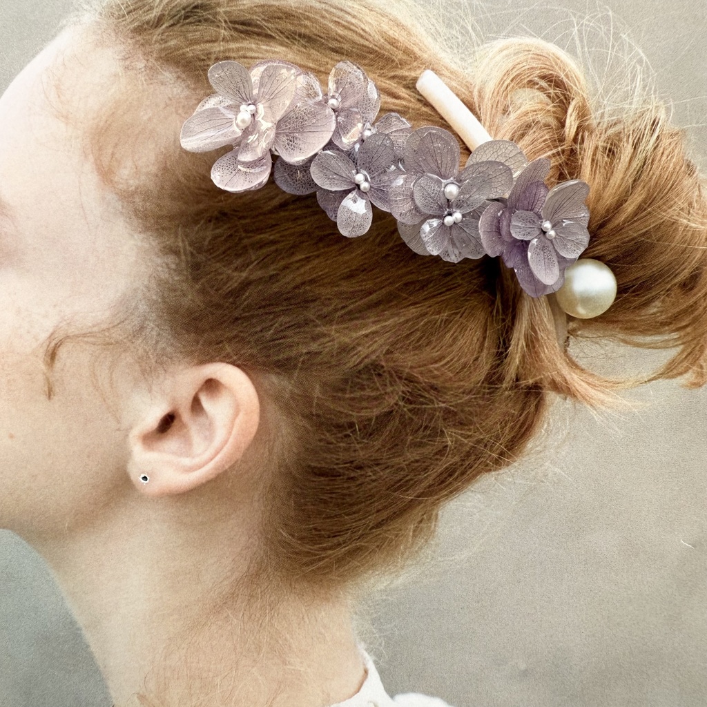 no.229 くすみパープルの紫陽花ヘアバレッタ 本物のお花 アジサイ パープル 紫 ヘアアクセサリー バレッタ