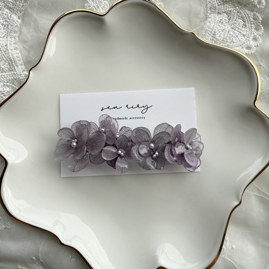 no.229 くすみパープルの紫陽花ヘアバレッタ 本物のお花 アジサイ パープル 紫 ヘアアクセサリー バレッタ