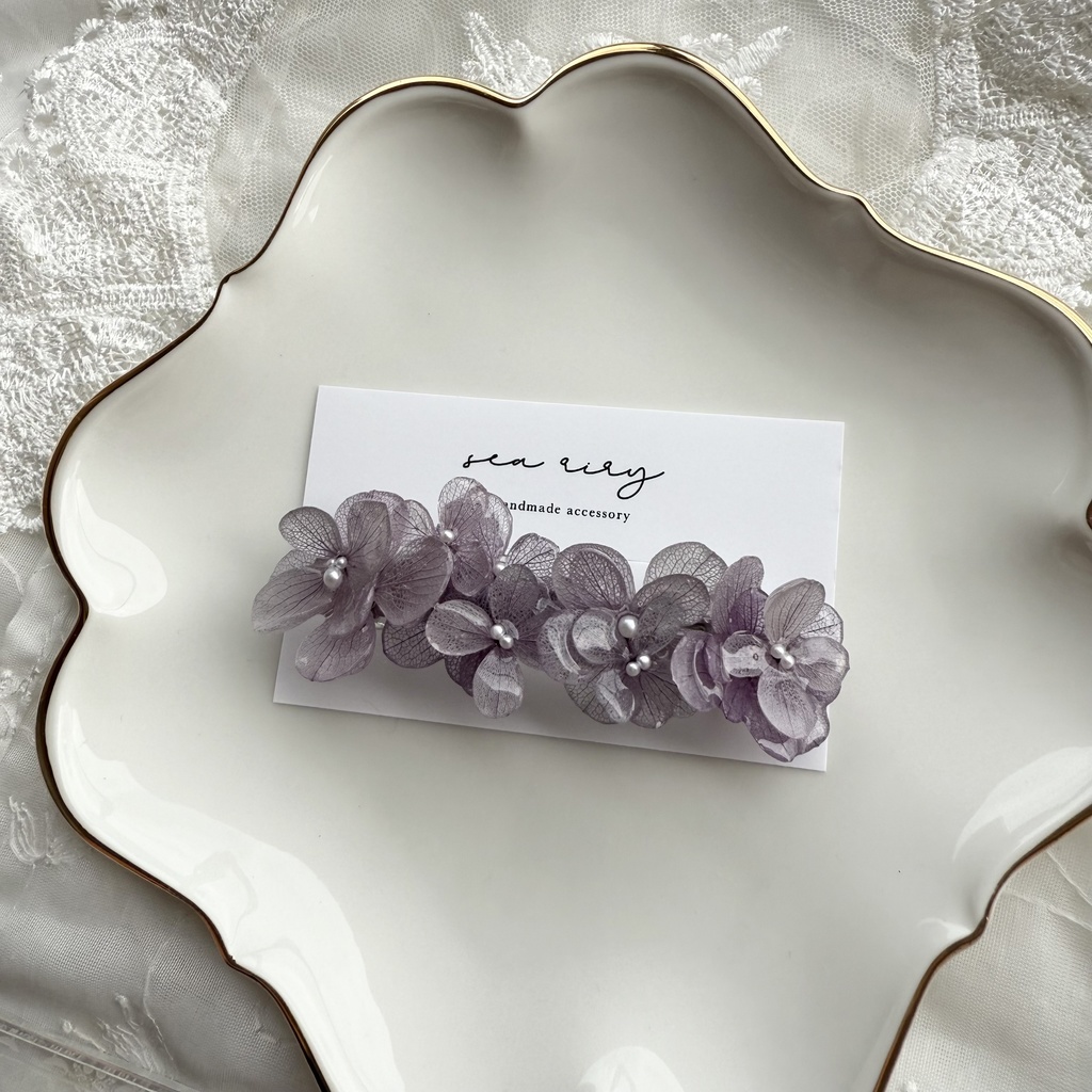 no.229 くすみパープルの紫陽花ヘアバレッタ 本物のお花 アジサイ パープル 紫 ヘアアクセサリー バレッタ