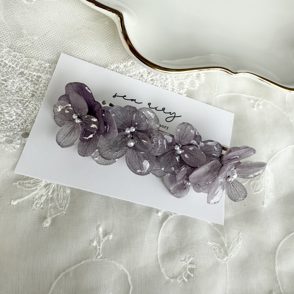 no.229 くすみパープルの紫陽花ヘアバレッタ 本物のお花 アジサイ パープル 紫 ヘアアクセサリー バレッタ