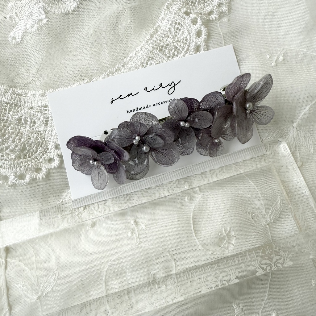 no.229 くすみパープルの紫陽花ヘアバレッタ 本物のお花 アジサイ パープル 紫 ヘアアクセサリー バレッタ