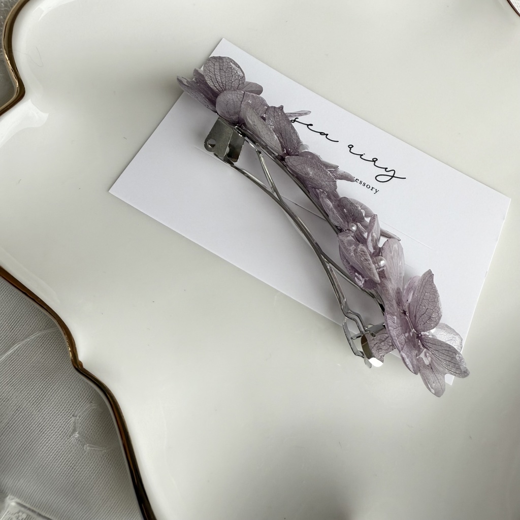 no.229 くすみパープルの紫陽花ヘアバレッタ 本物のお花 アジサイ パープル 紫 ヘアアクセサリー バレッタ
