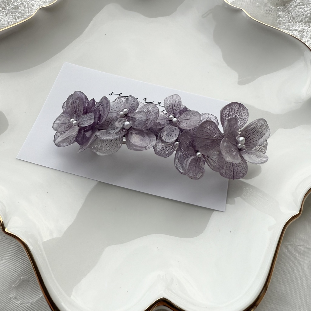 no.229 くすみパープルの紫陽花ヘアバレッタ 本物のお花 アジサイ パープル 紫 ヘアアクセサリー バレッタ