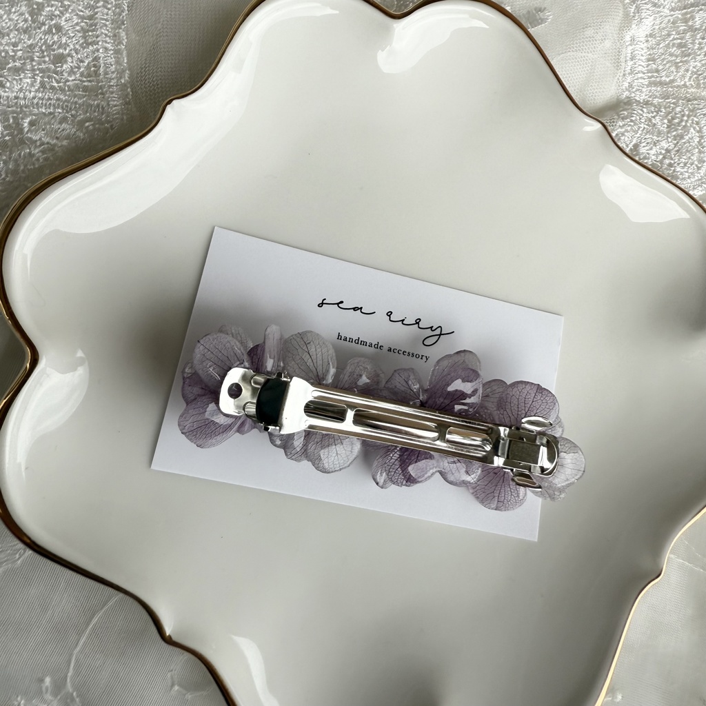 no.229 くすみパープルの紫陽花ヘアバレッタ 本物のお花 アジサイ パープル 紫 ヘアアクセサリー バレッタ