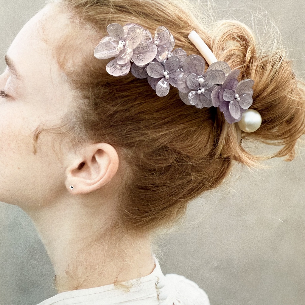 no.229 くすみパープルの紫陽花ヘアバレッタ 本物のお花 アジサイ パープル 紫 ヘアアクセサリー バレッタ