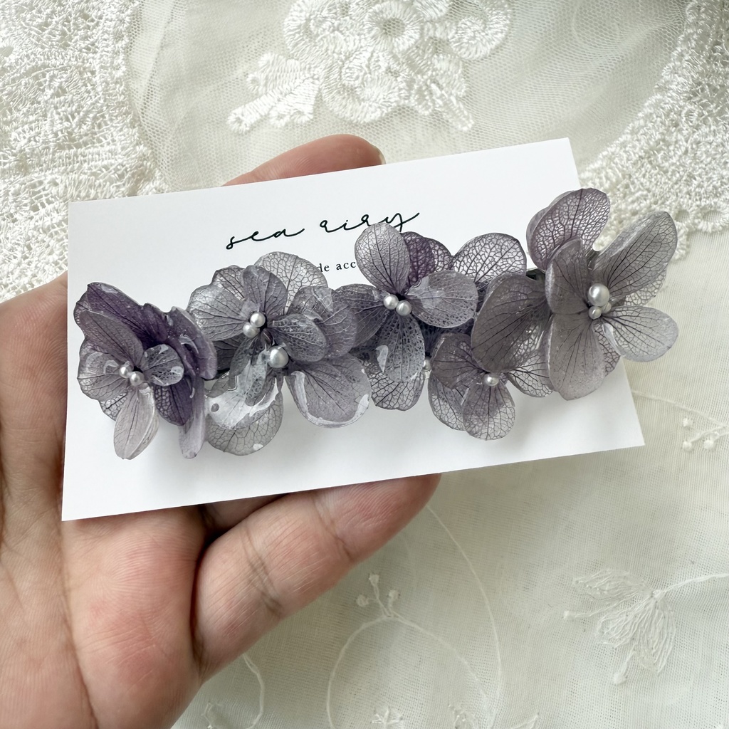 no.229 くすみパープルの紫陽花ヘアバレッタ 本物のお花 アジサイ パープル 紫 ヘアアクセサリー バレッタ