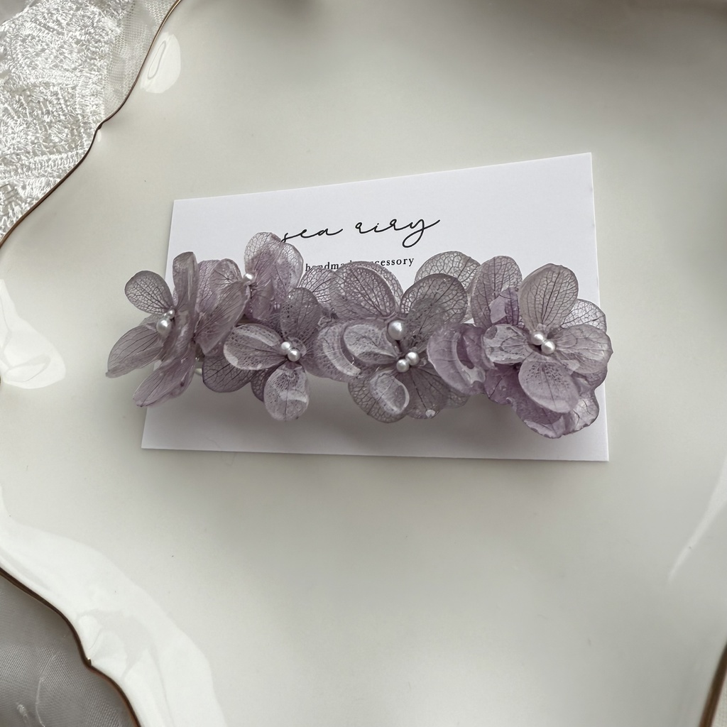 no.229 くすみパープルの紫陽花ヘアバレッタ 本物のお花 アジサイ パープル 紫 ヘアアクセサリー バレッタ