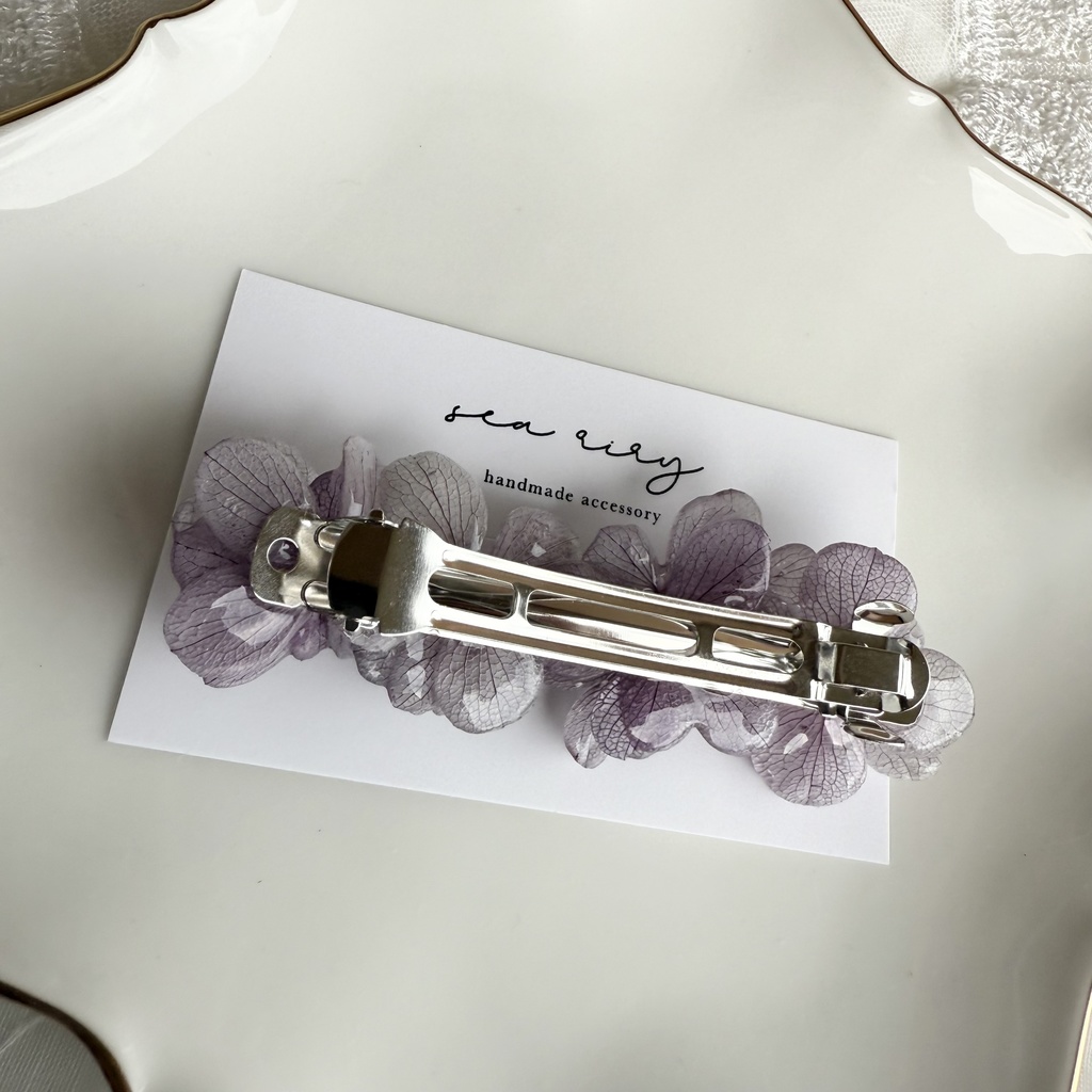 no.229 くすみパープルの紫陽花ヘアバレッタ 本物のお花 アジサイ パープル 紫 ヘアアクセサリー バレッタ