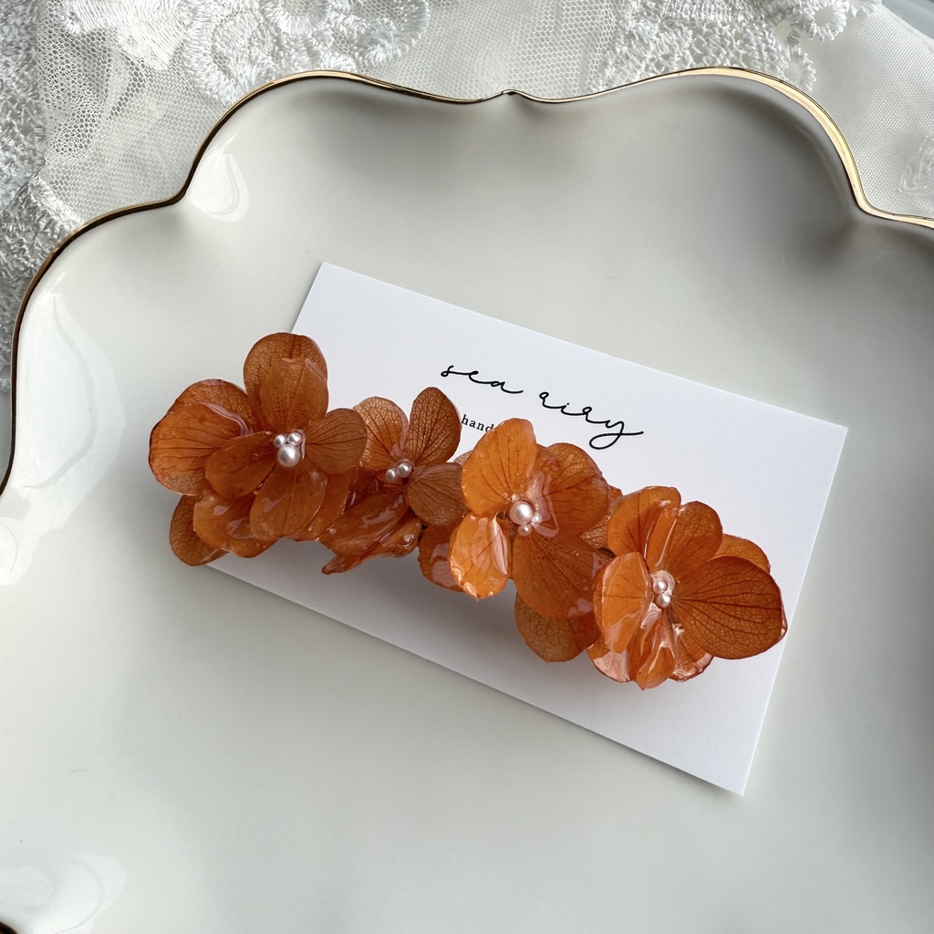 no.230 再販 ブリックオレンジの紫陽花ヘアバレッタ 本物のお花 紫陽花 ヘアアクセサリー ヘアバレッタ 髪飾り 髪留め