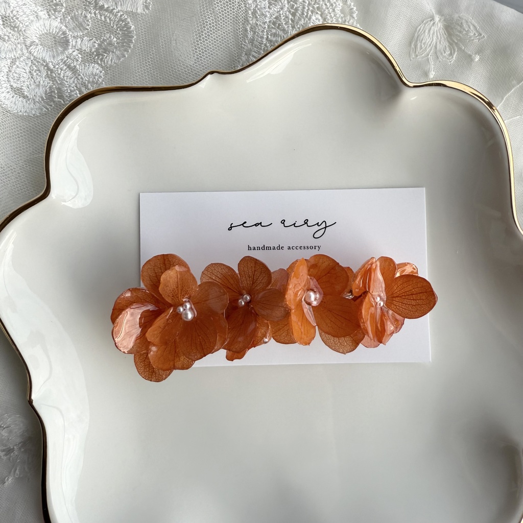 no.230 再販 ブリックオレンジの紫陽花ヘアバレッタ 本物のお花 紫陽花 ヘアアクセサリー ヘアバレッタ 髪飾り 髪留め