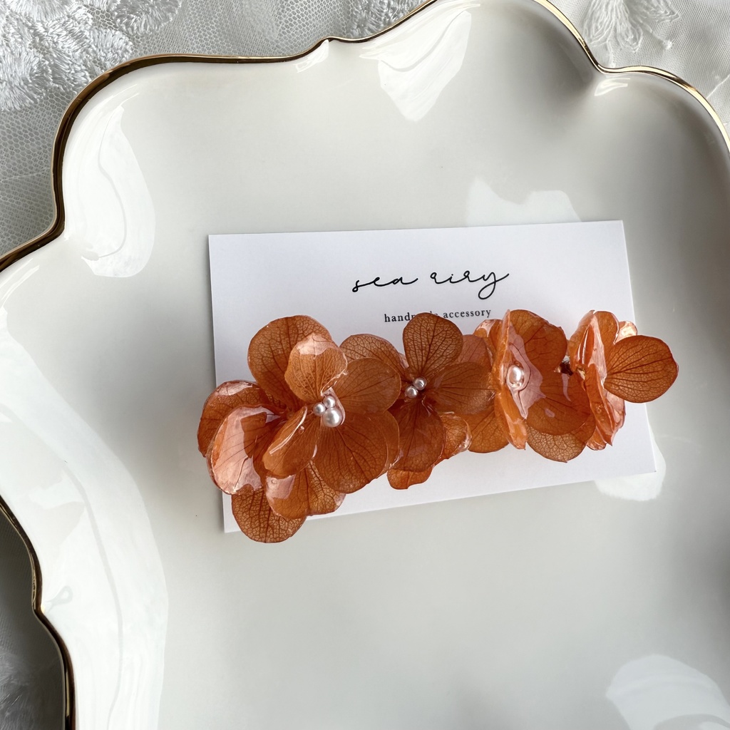 no.230 再販 ブリックオレンジの紫陽花ヘアバレッタ 本物のお花 紫陽花 ヘアアクセサリー ヘアバレッタ 髪飾り 髪留め