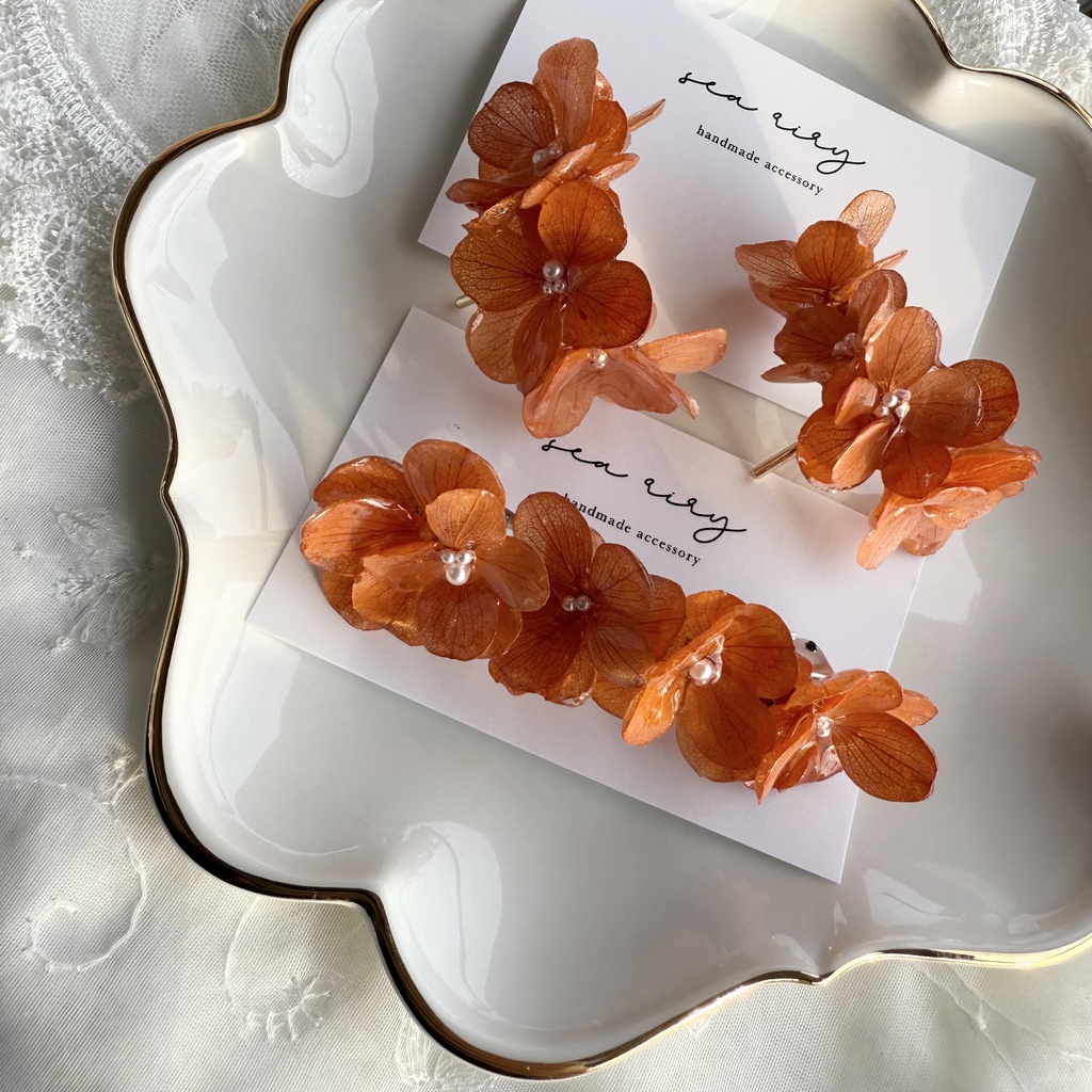 no.230 再販 ブリックオレンジの紫陽花ヘアバレッタ 本物のお花 紫陽花 ヘアアクセサリー ヘアバレッタ 髪飾り 髪留め