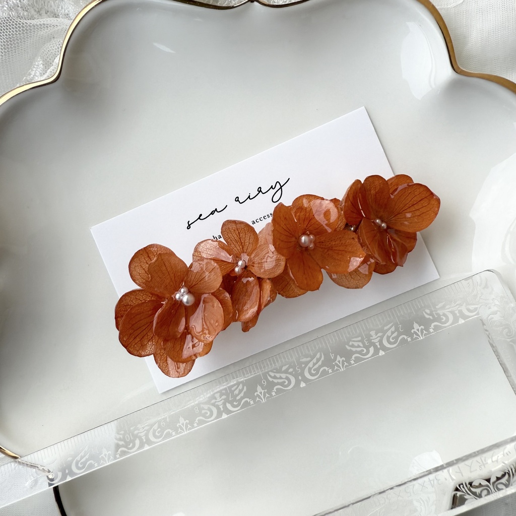 no.230 再販 ブリックオレンジの紫陽花ヘアバレッタ 本物のお花 紫陽花 ヘアアクセサリー ヘアバレッタ 髪飾り 髪留め