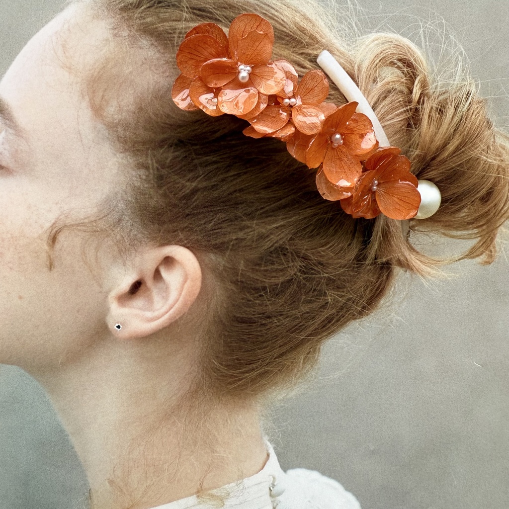 no.230 再販 ブリックオレンジの紫陽花ヘアバレッタ 本物のお花 紫陽花 ヘアアクセサリー ヘアバレッタ 髪飾り 髪留め