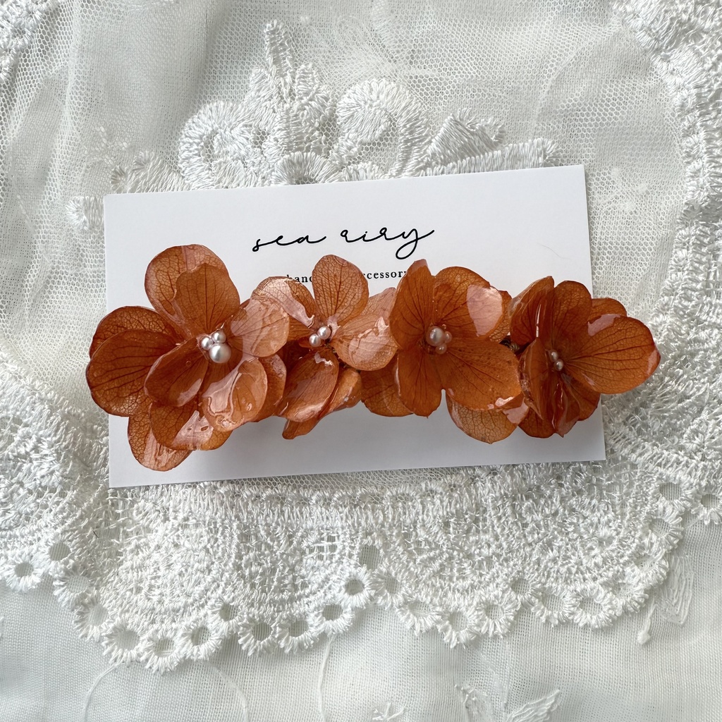 no.230 再販 ブリックオレンジの紫陽花ヘアバレッタ 本物のお花 紫陽花 ヘアアクセサリー ヘアバレッタ 髪飾り 髪留め