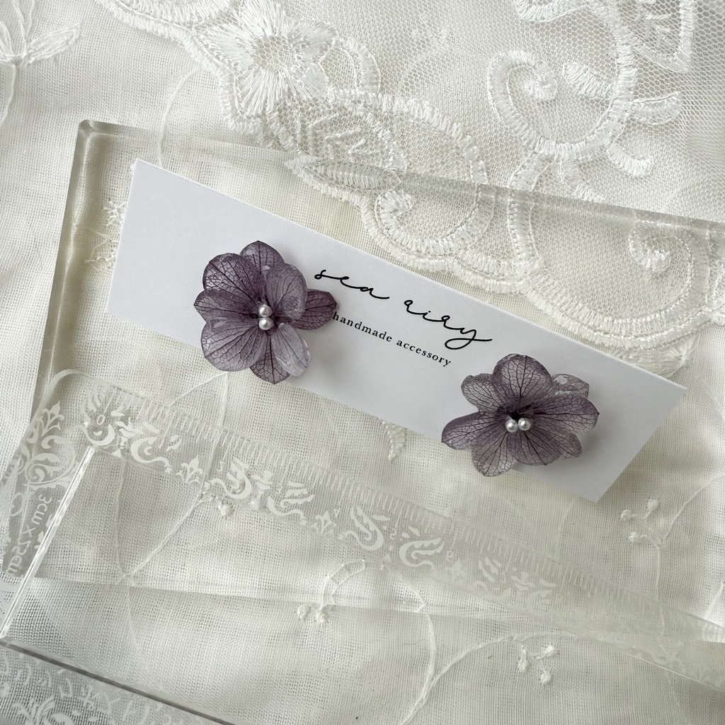no.233 くすみパープルの紫陽花ピアス 本物のお花 アジサイ パール むらさき パープル ステンレス ピアス