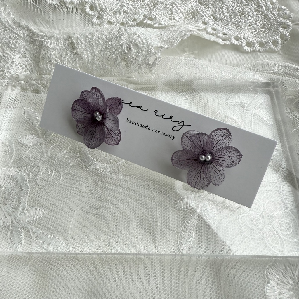 no.233 くすみパープルの紫陽花ピアス 本物のお花 アジサイ パール むらさき パープル ステンレス ピアス