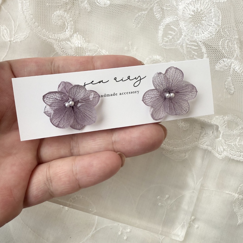 no.233 くすみパープルの紫陽花ピアス 本物のお花 アジサイ パール むらさき パープル ステンレス ピアス