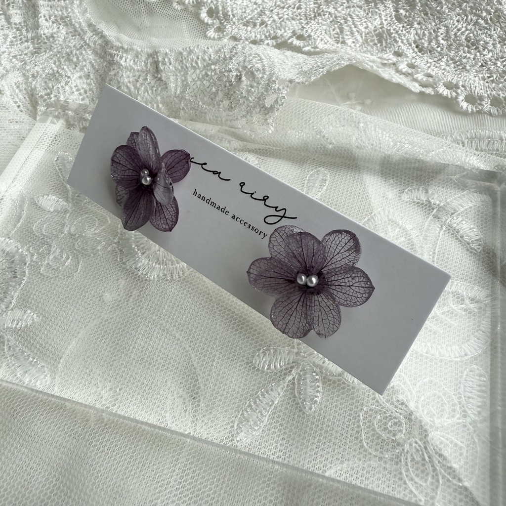 no.233 くすみパープルの紫陽花ピアス 本物のお花 アジサイ パール むらさき パープル ステンレス ピアス