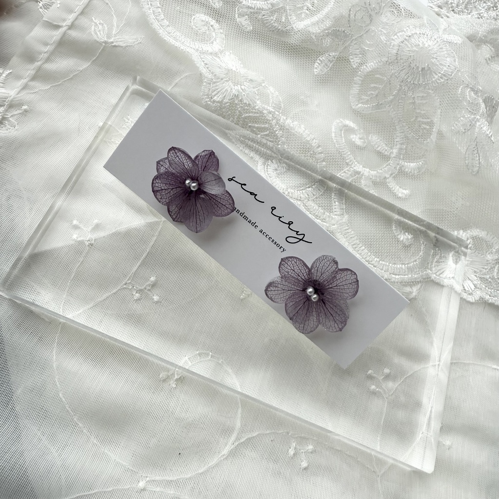 no.233 くすみパープルの紫陽花ピアス 本物のお花 アジサイ パール むらさき パープル ステンレス ピアス