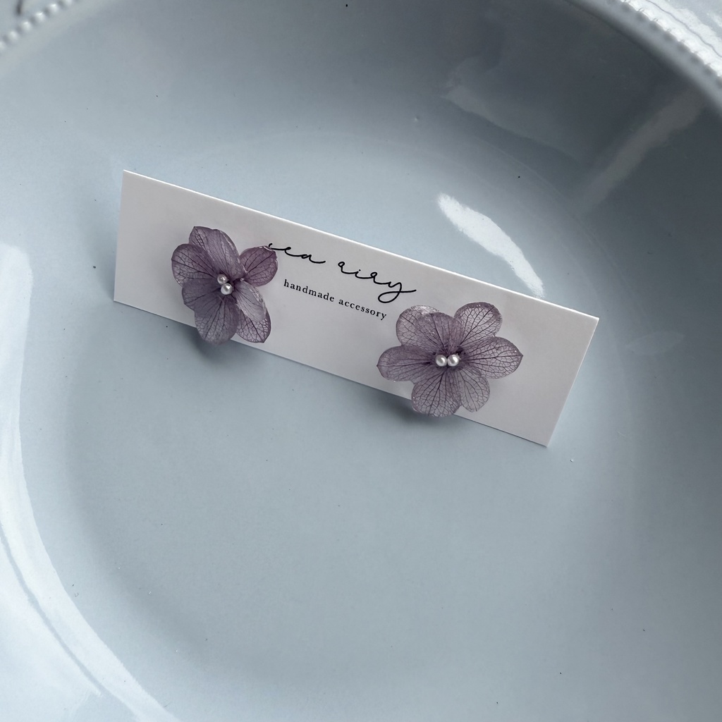 no.233 くすみパープルの紫陽花ピアス 本物のお花 アジサイ パール むらさき パープル ステンレス ピアス