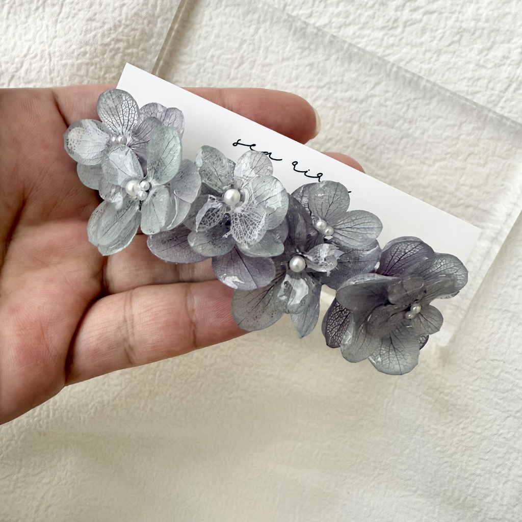 no.244  再販  くすみパープルの紫陽花ヘアバレッタ  パープル  アジサイ  パール  ヘアアクセサリー  バレッタ  ハンドメイド
