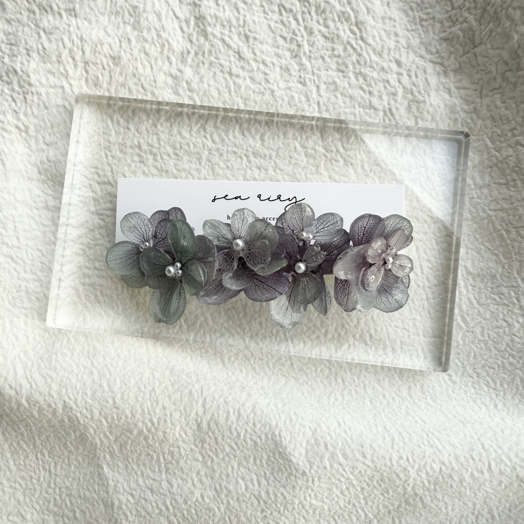 no.244 再販 くすみパープルの紫陽花ヘアバレッタ パープル アジサイ パール ヘアアクセサリー バレッタ ハンドメイド