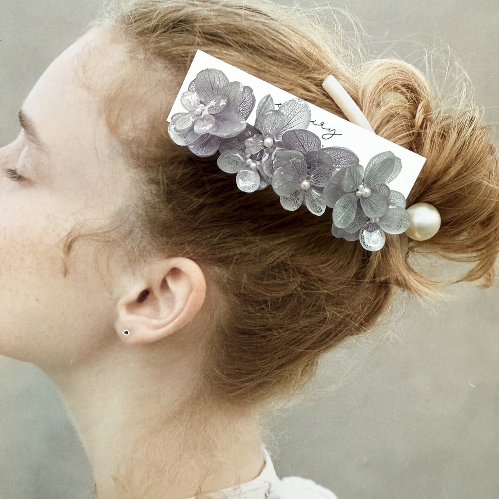 no.244 再販 くすみパープルの紫陽花ヘアバレッタ パープル アジサイ パール ヘアアクセサリー バレッタ ハンドメイド