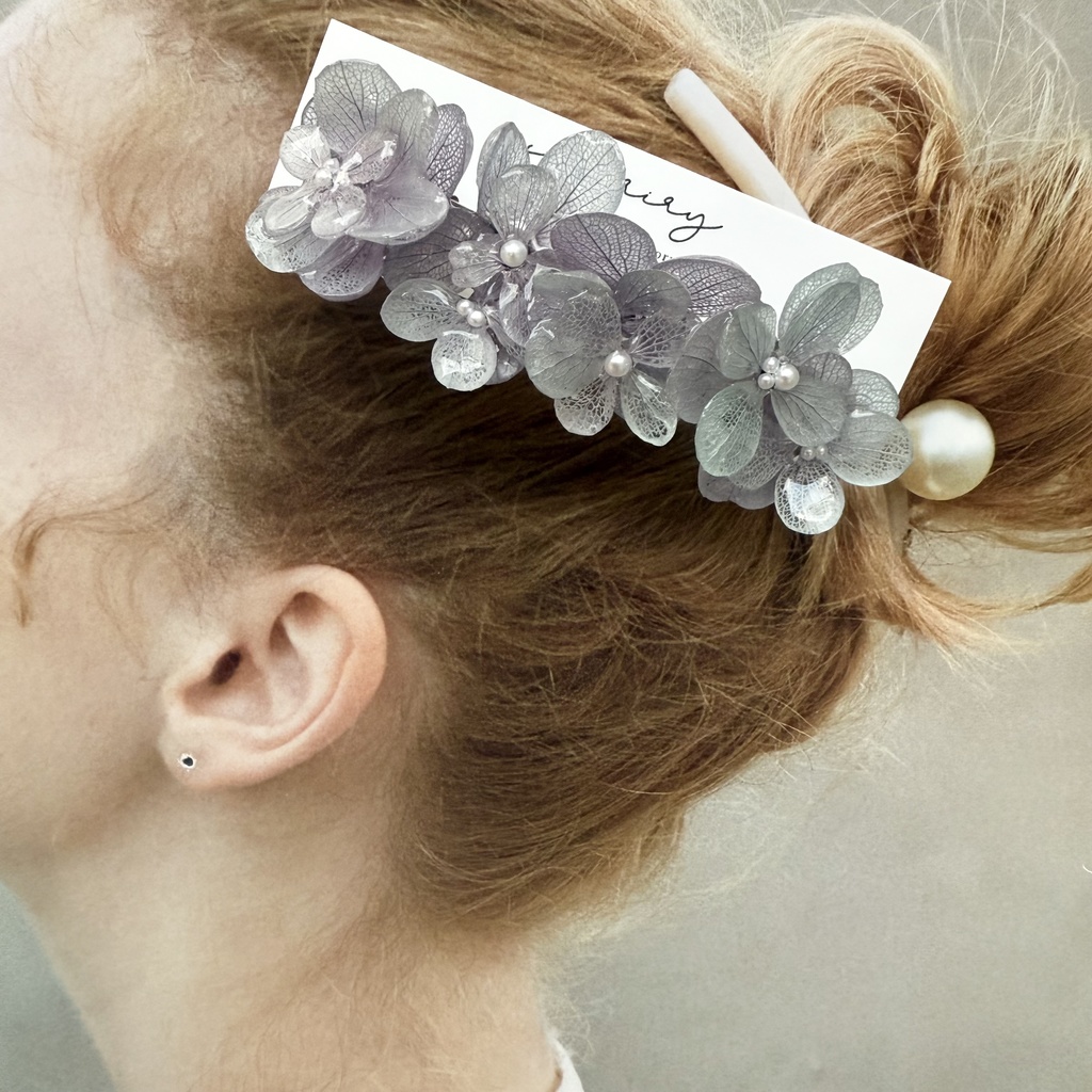 no.244 再販 くすみパープルの紫陽花ヘアバレッタ パープル アジサイ パール ヘアアクセサリー バレッタ ハンドメイド