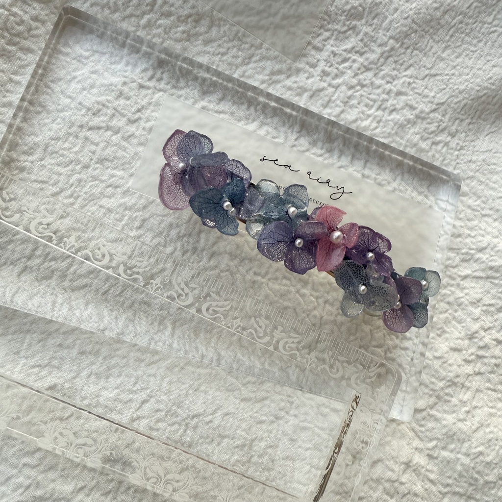 no.246 再販 マーメイドカラーの紫陽花ヘアバレッタ アジサイ ブルー パープル パール ヘアアクセサリー バレッタ