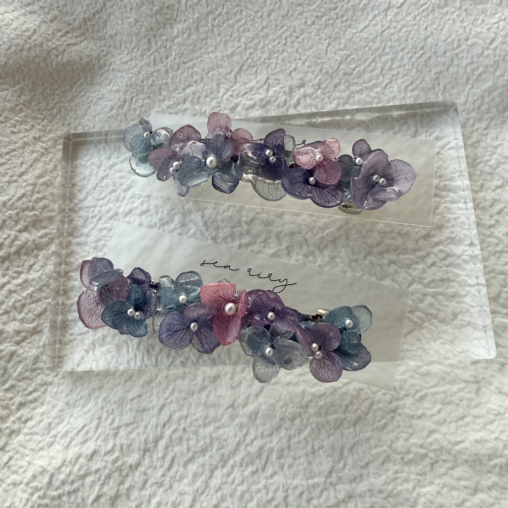 no.246 再販 マーメイドカラーの紫陽花ヘアバレッタ アジサイ ブルー パープル パール ヘアアクセサリー バレッタ