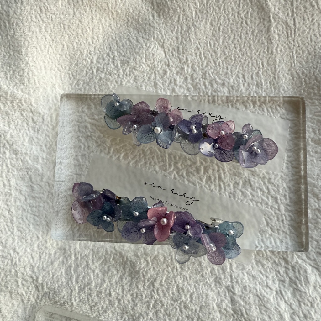 no.246 再販 マーメイドカラーの紫陽花ヘアバレッタ アジサイ ブルー パープル パール ヘアアクセサリー バレッタ