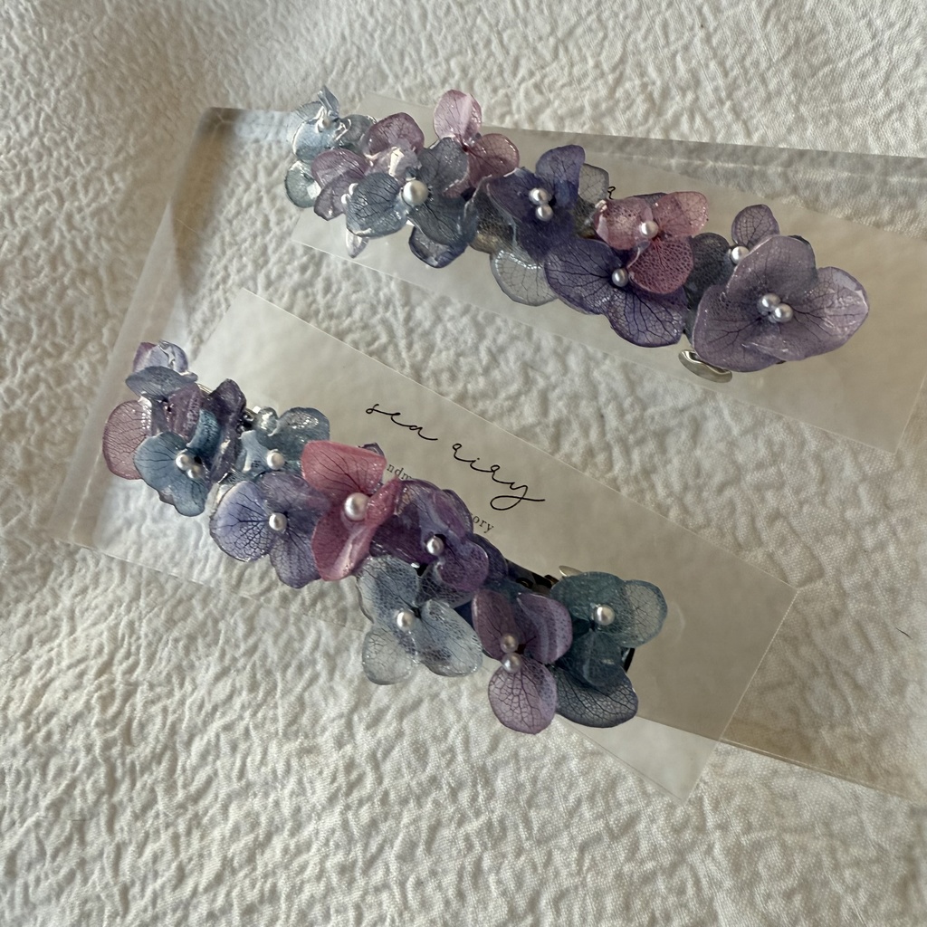 no.246 再販 マーメイドカラーの紫陽花ヘアバレッタ アジサイ ブルー パープル パール ヘアアクセサリー バレッタ