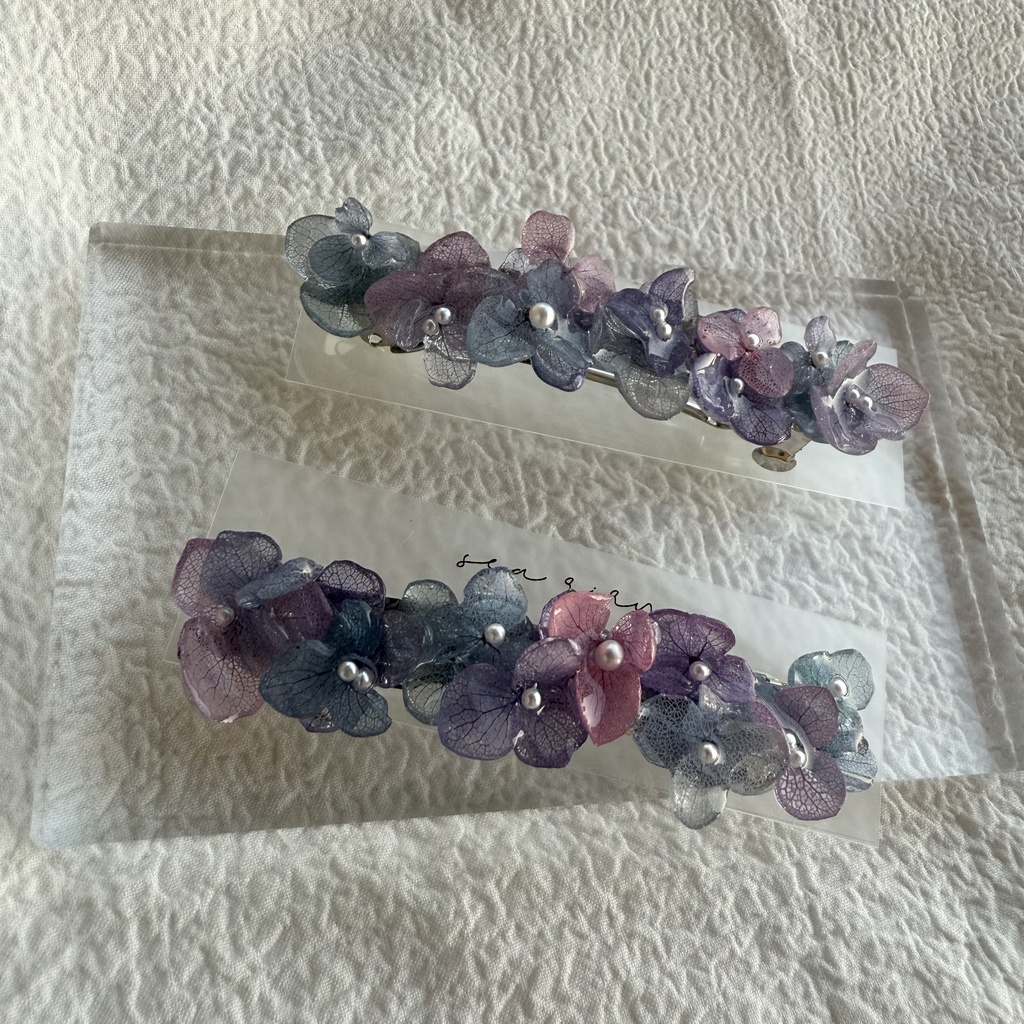 no.246 再販 マーメイドカラーの紫陽花ヘアバレッタ アジサイ ブルー パープル パール ヘアアクセサリー バレッタ