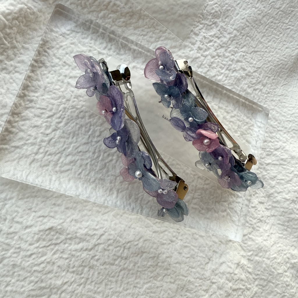 no.246 再販 マーメイドカラーの紫陽花ヘアバレッタ アジサイ ブルー パープル パール ヘアアクセサリー バレッタ