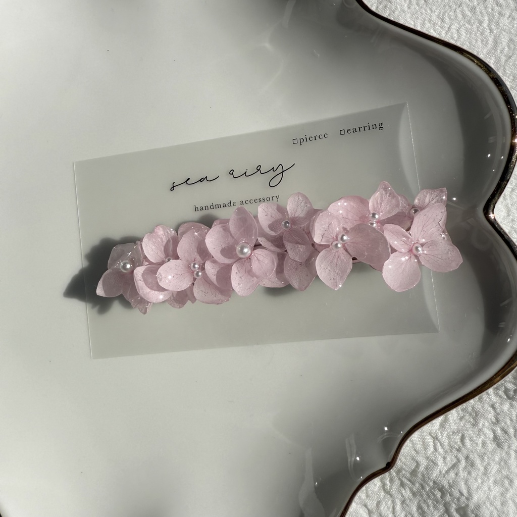 no.249 再販 ベビーピンクの紫陽花ヘアバレッタ アジサイ パール ベビーピンク 髪飾り 髪留め