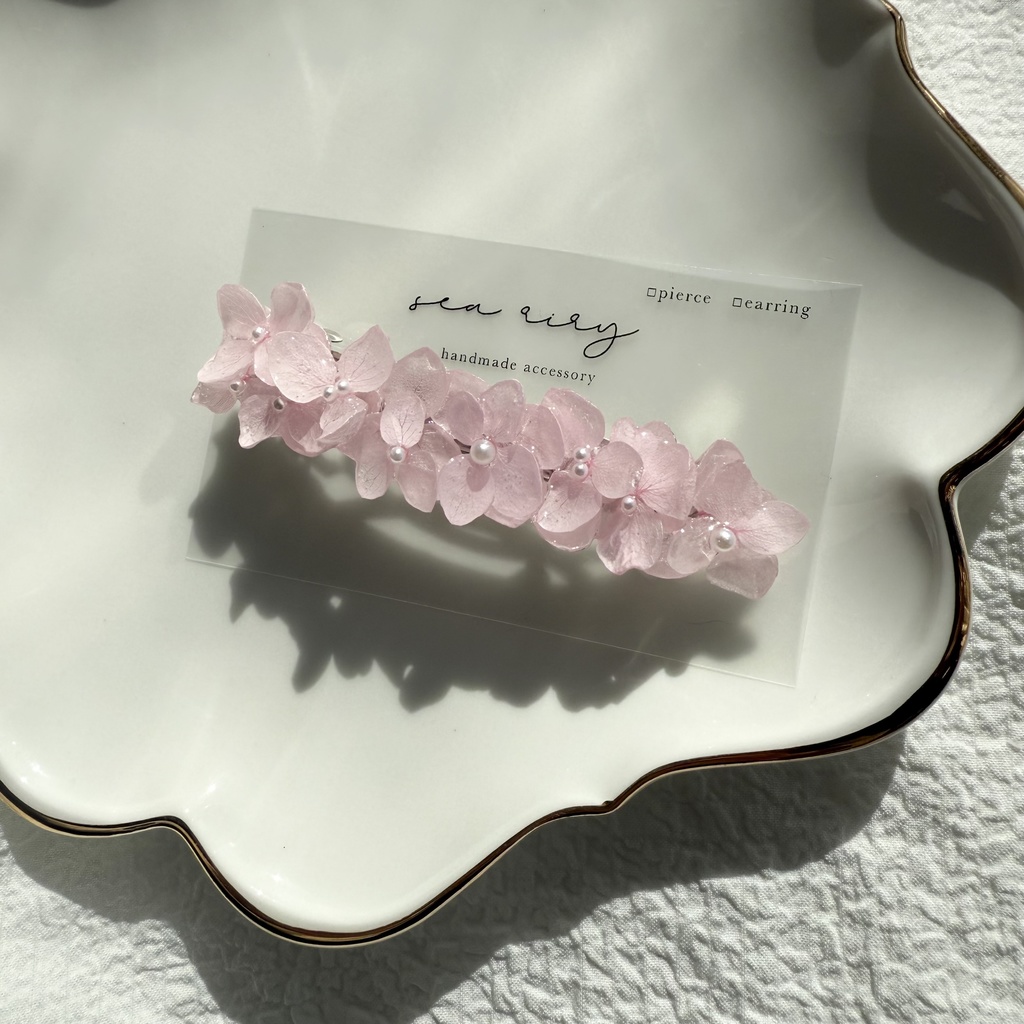 no.249 再販 ベビーピンクの紫陽花ヘアバレッタ アジサイ パール ベビーピンク 髪飾り 髪留め