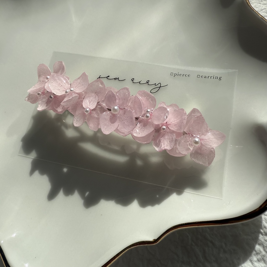 no.249 再販 ベビーピンクの紫陽花ヘアバレッタ アジサイ パール ベビーピンク 髪飾り 髪留め