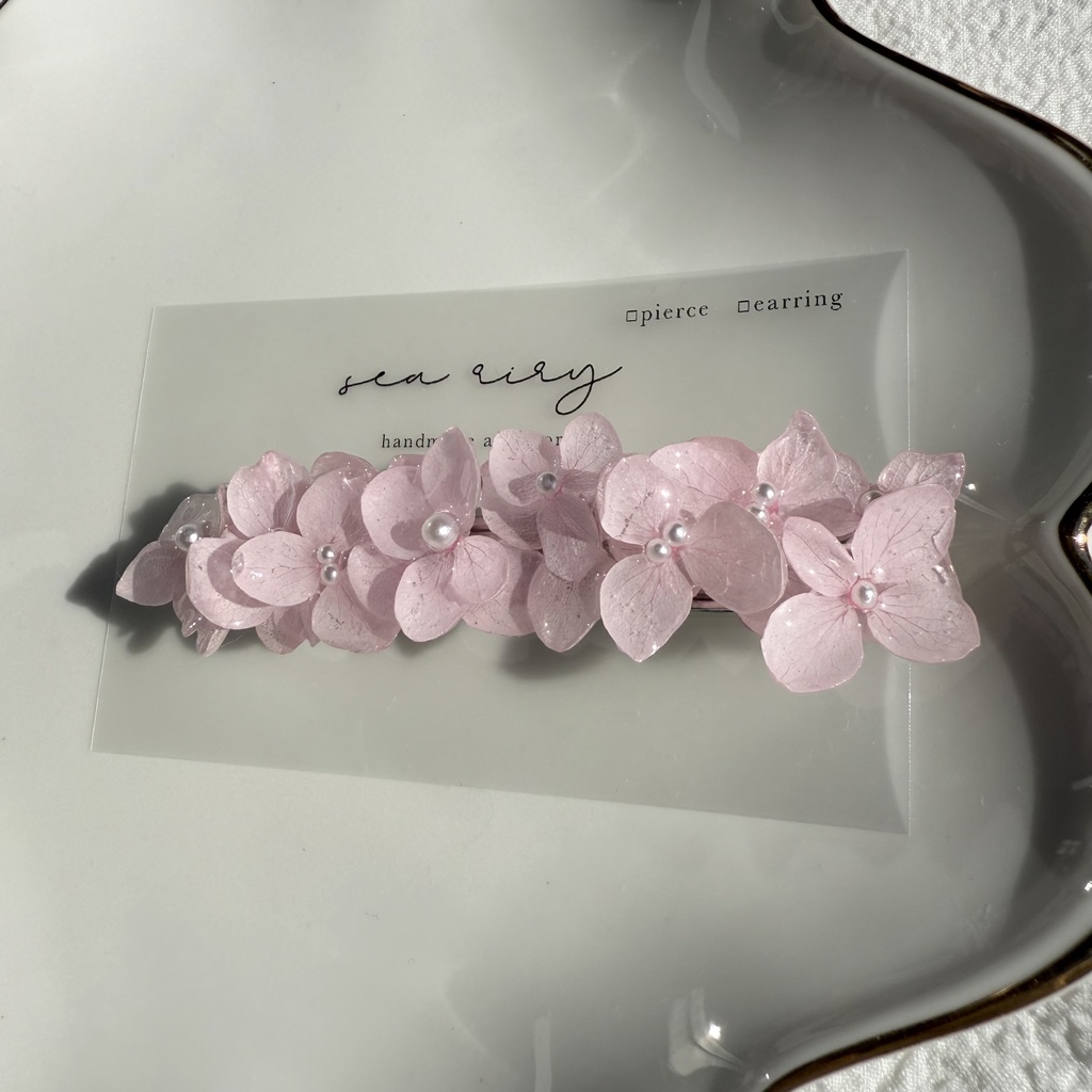 no.249 再販 ベビーピンクの紫陽花ヘアバレッタ アジサイ パール ベビーピンク 髪飾り 髪留め