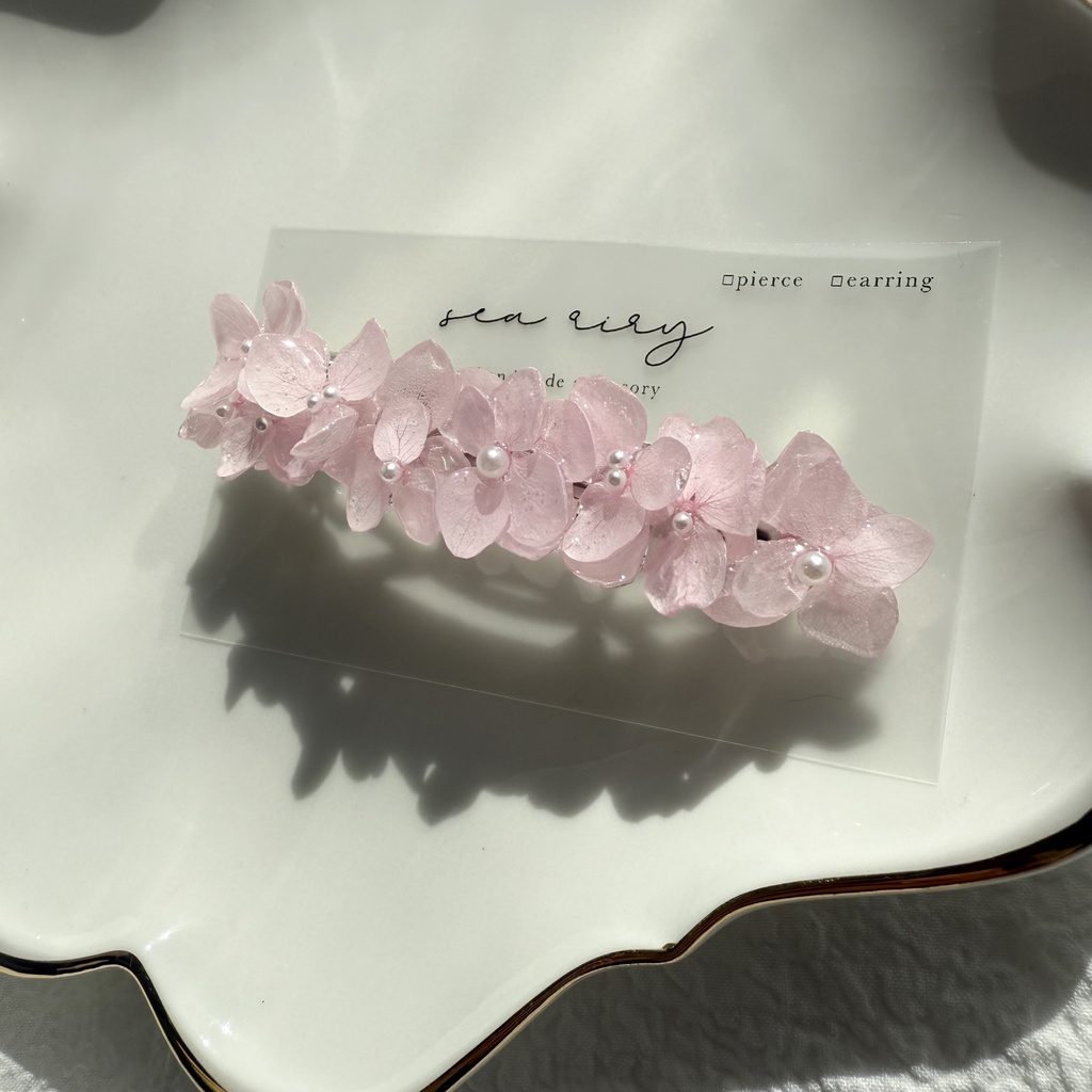 no.249 再販 ベビーピンクの紫陽花ヘアバレッタ アジサイ パール ベビーピンク 髪飾り 髪留め