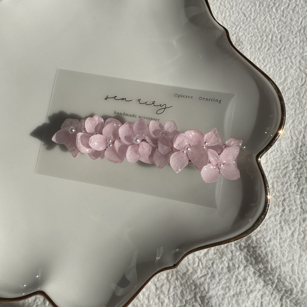 no.249 再販 ベビーピンクの紫陽花ヘアバレッタ アジサイ パール ベビーピンク 髪飾り 髪留め